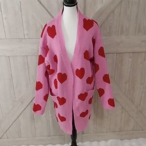 BiBi-Oversized Women's Cozy Candy Pink Cardigan with Red Valentine Hearts-Size M